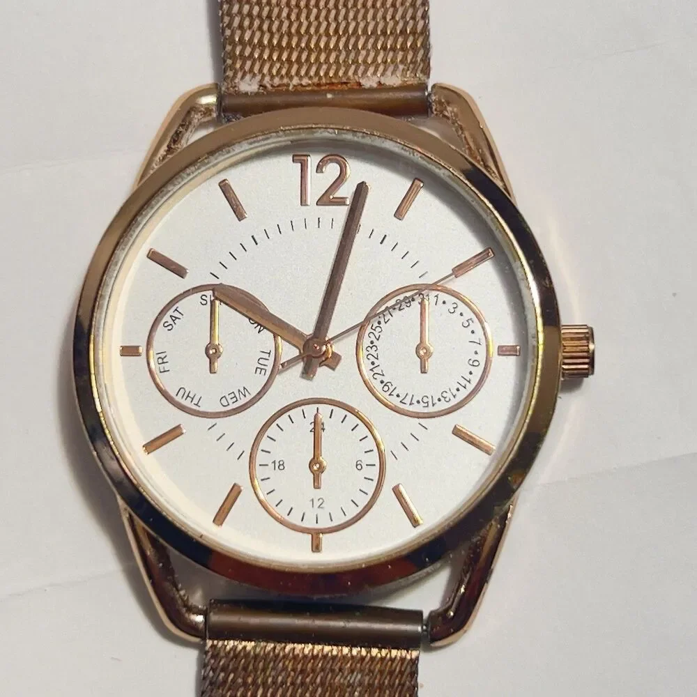 Womens Rose Gold Quartz Watch - 3 Sub Dials / 24hr Steel Mesh Band - New Battery